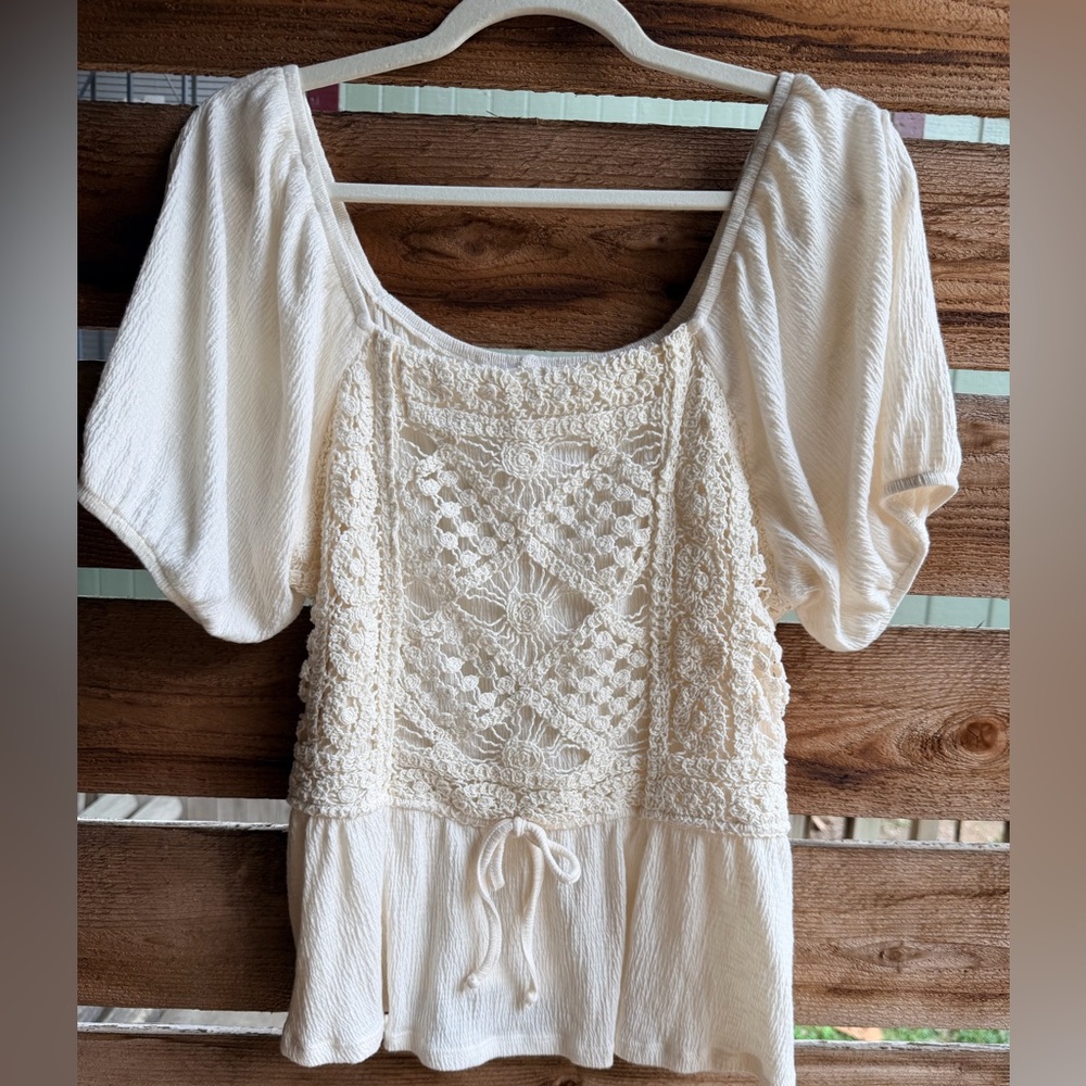 Boho Cottagecore Lace Blouse XL | Crochet Embroidered Peplum Top - Picture 2 of 7